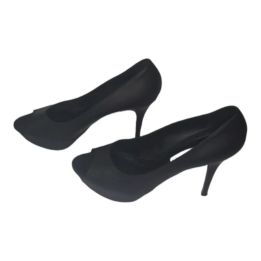 Vera Wang Lavender Label Pumps‎ 9.5 M Black Leather Peep Toe Stiletto Heels Work